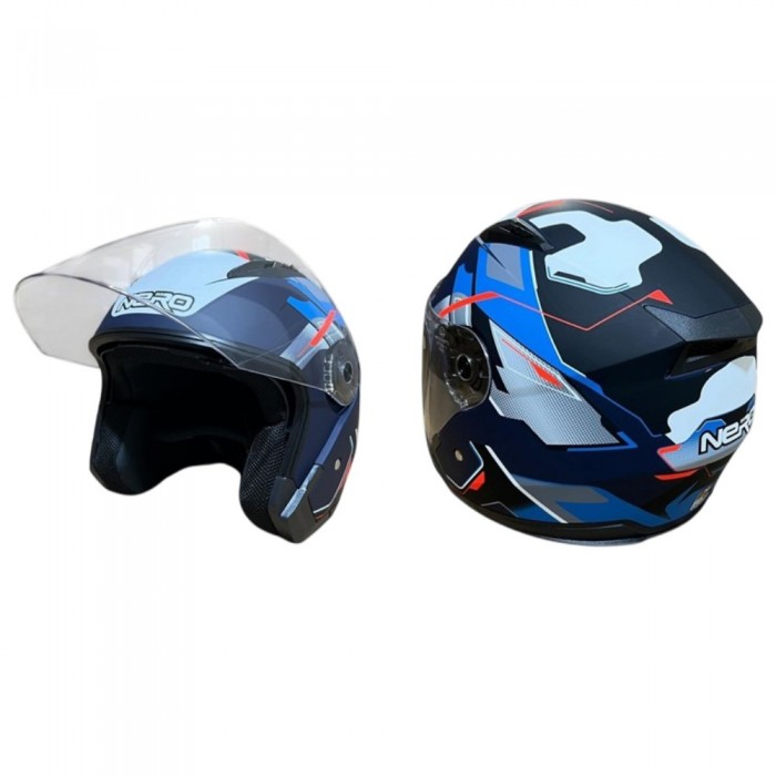 NERO KASK ÇENESİZ 528-1 MAT SİYAH - MAVİ E1 (M) (MANUEL VİZÖR)