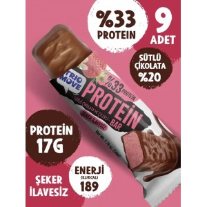 ÇİKOLATA KAPLAMALI 50 GR PROTEİN BAR - ÇİLEKLİ VE SÜTLÜ ÇİKOLATALI %33 PROTEİN, 50 GR x 9 ADET