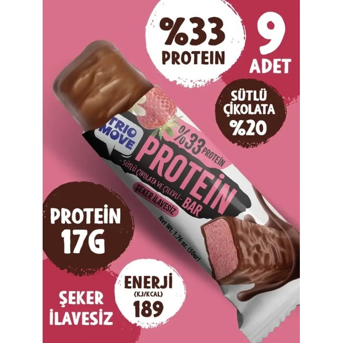 ÇİKOLATA KAPLAMALI 50 GR PROTEİN BAR - ÇİLEKLİ VE SÜTLÜ ÇİKOLATALI %33 PROTEİN, 50 GR x 9 ADET