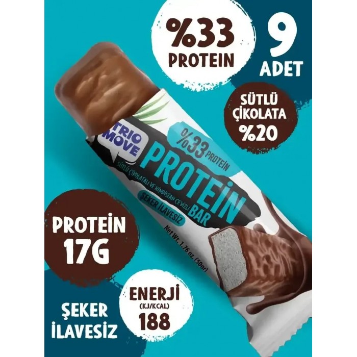 ÇİKOLATA KAPLAMALI 50 GR PROTEİN BAR - HİNDİSTAN CEVİZLİ VE SÜTLÜ ÇİKOLATALI %33 PROTEİN, 50 GR x 9 ADET